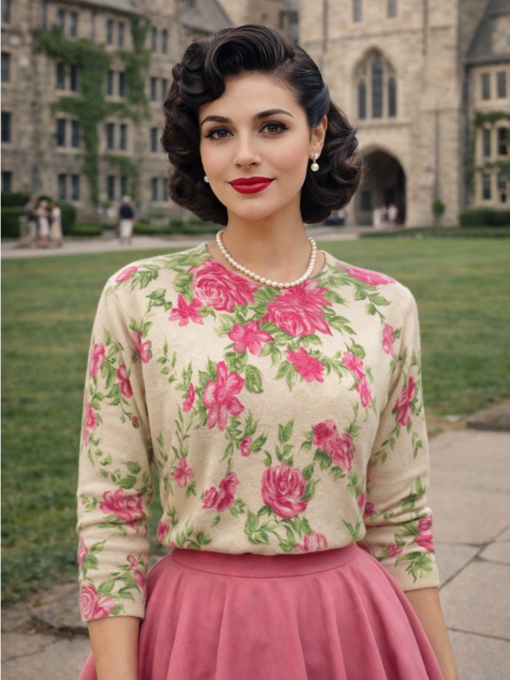 Vintage Blooming Roses Angora Lambswool Sweater 1950s Romantic Feminine Preppy S
